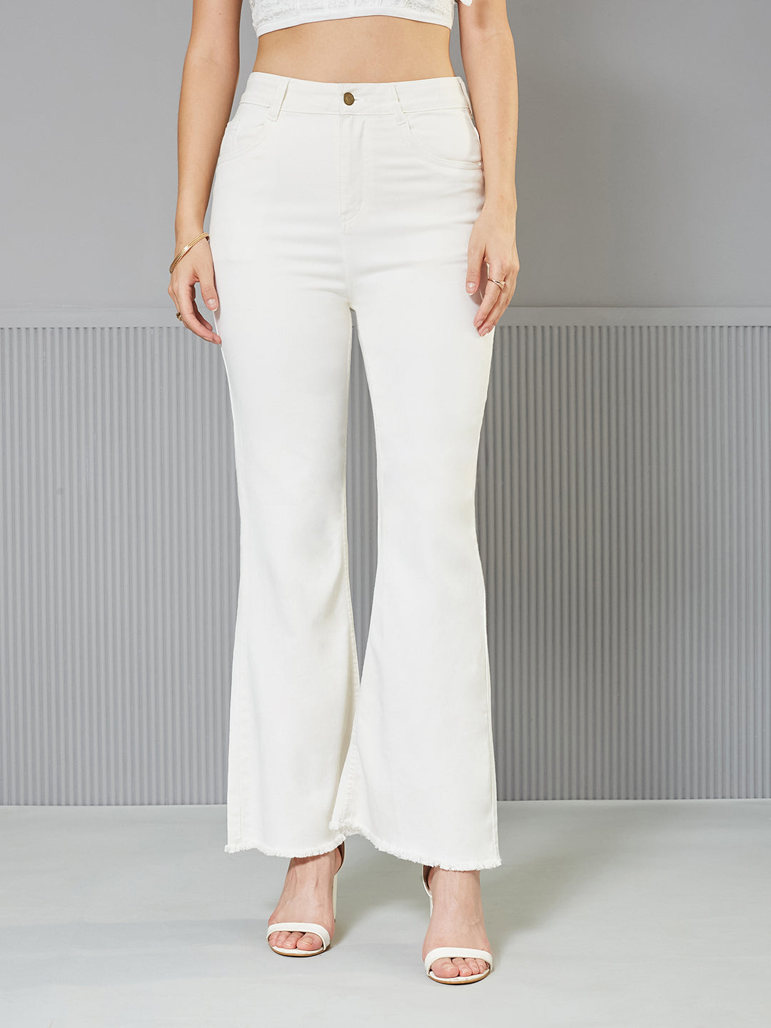 Women'S White Bootcut High-Rise clean-look Regular-Length Stretchable Denim Jeans