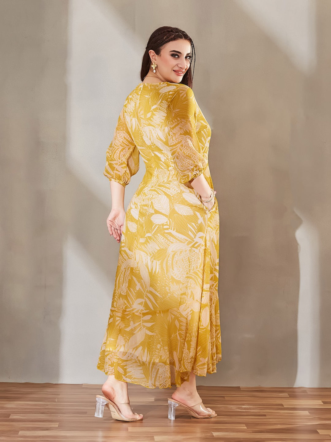 Yellow & White V-Neck Full sleeve Floral Layered Maxi Dress for Women