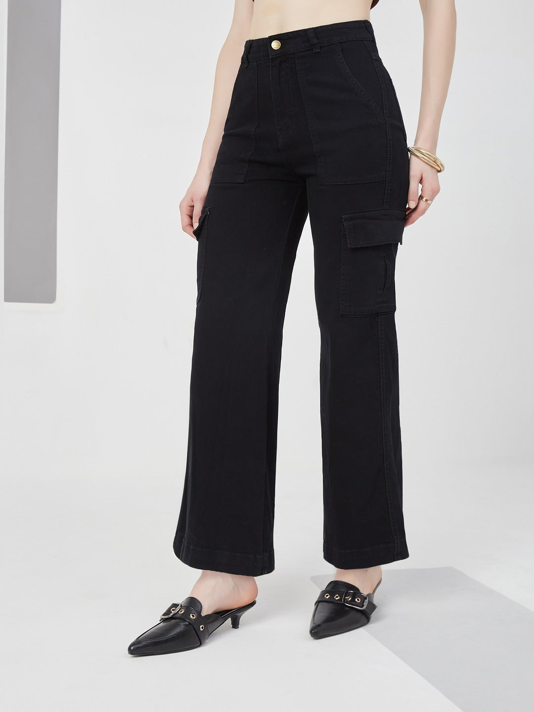 Black Wide leg high-rise Regular Stretchable Denim Jeans for Women