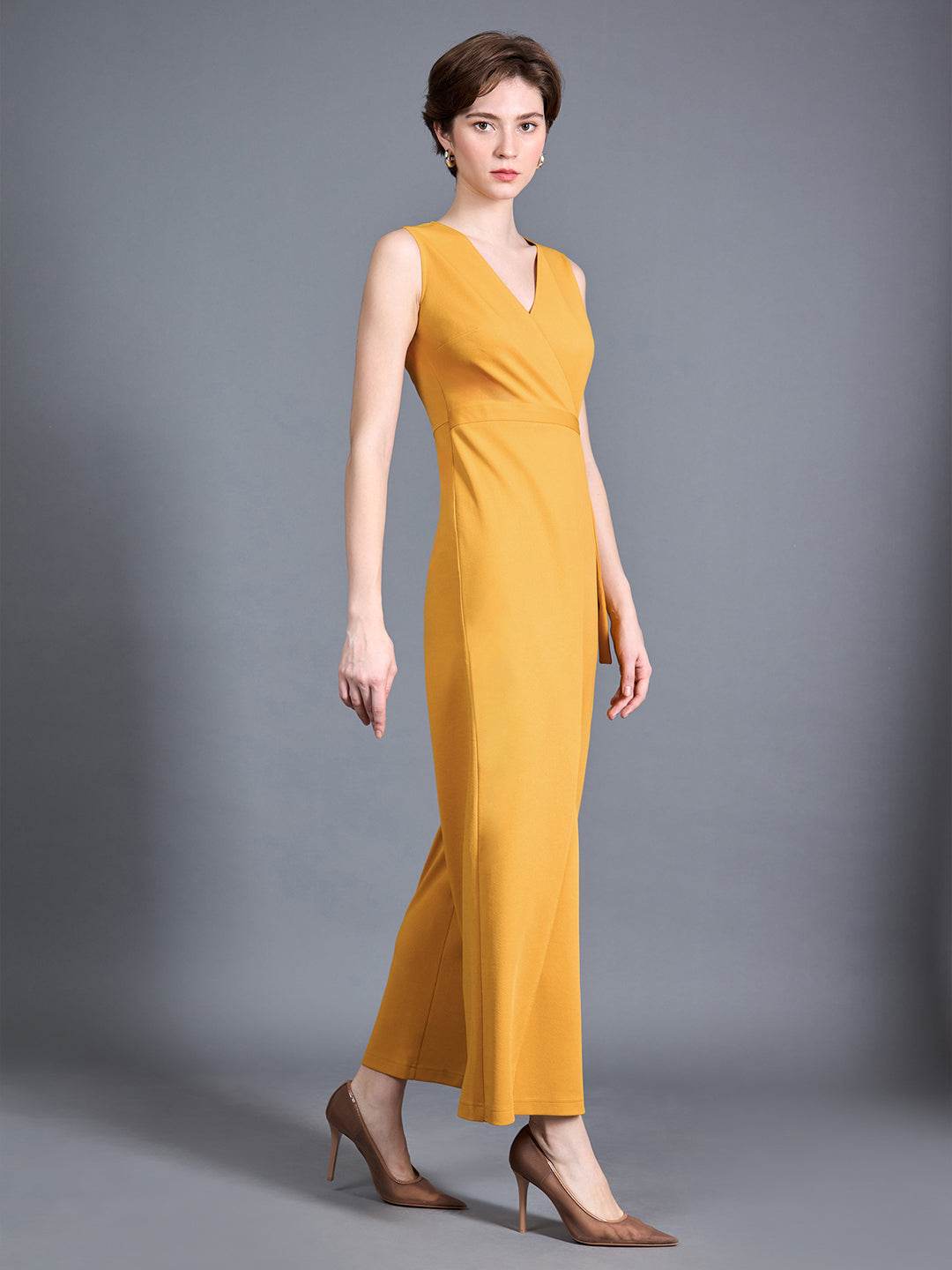 Women's Mustard Yellow V-Neck Sleeveless Solid Wrap Regular Length Jumpsuit