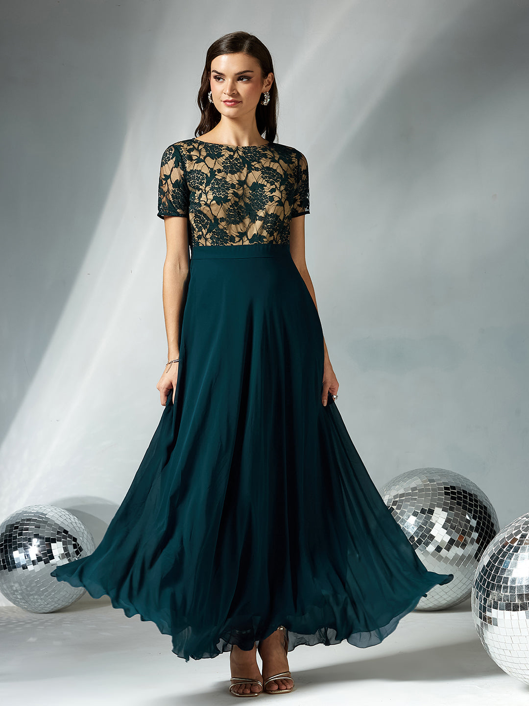 Women's Teal Round Neck Half Sleeve Self Design Fit & Flare Georgette Maxi Dress