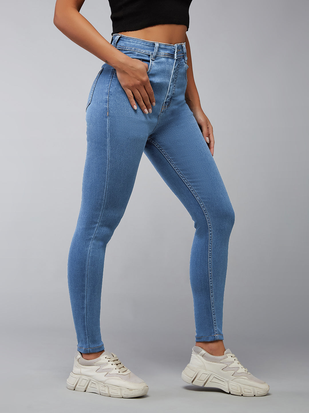 Women's Blue Skinny High-Rise Distressed Cropped Denim Jeans