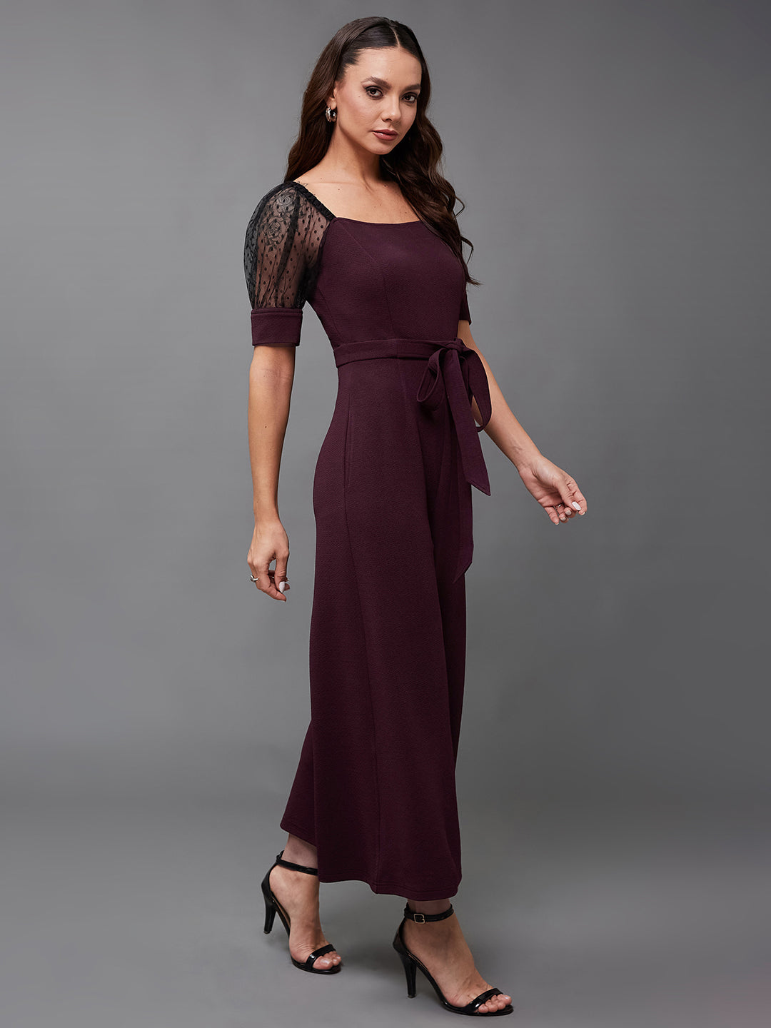 Crease Ease Women's Dark Purple & Black Solid Straight Leg Square Neck Half Sleeve Relaxed Fit Jumpsuit