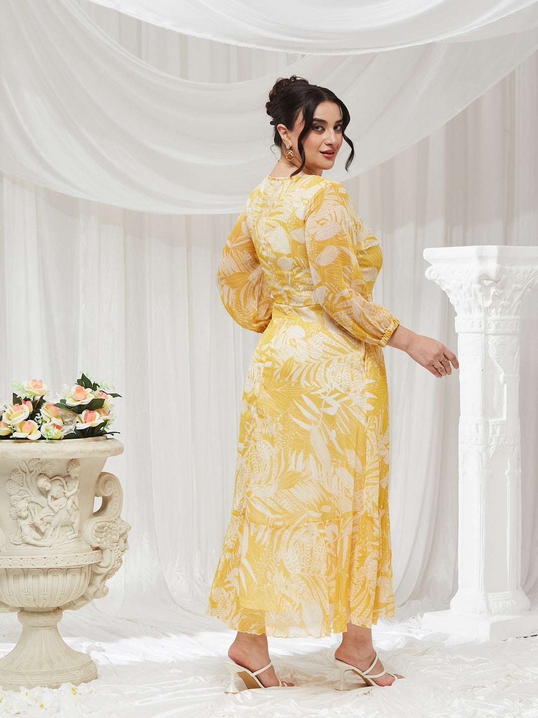 Yellow & White V neck Full sleeve Floral Layered Maxi Dress for Women — Miss Chase A+
