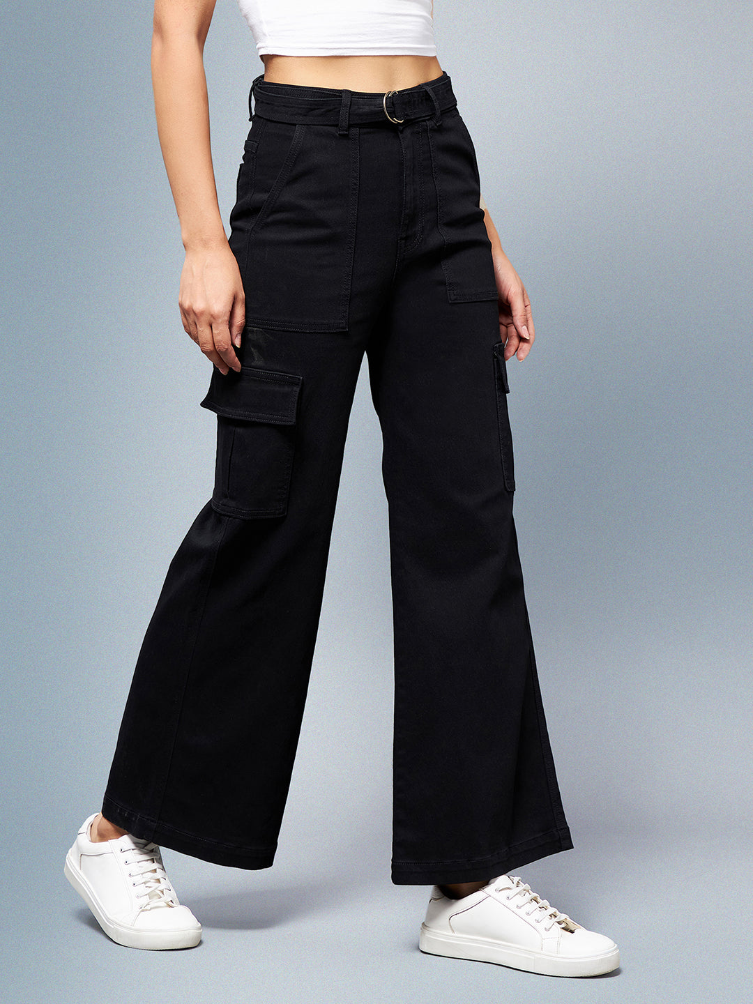 24/7 Comfort Women's Black Wide leg High rise Clean look Regular Stretchable Denim Jeans