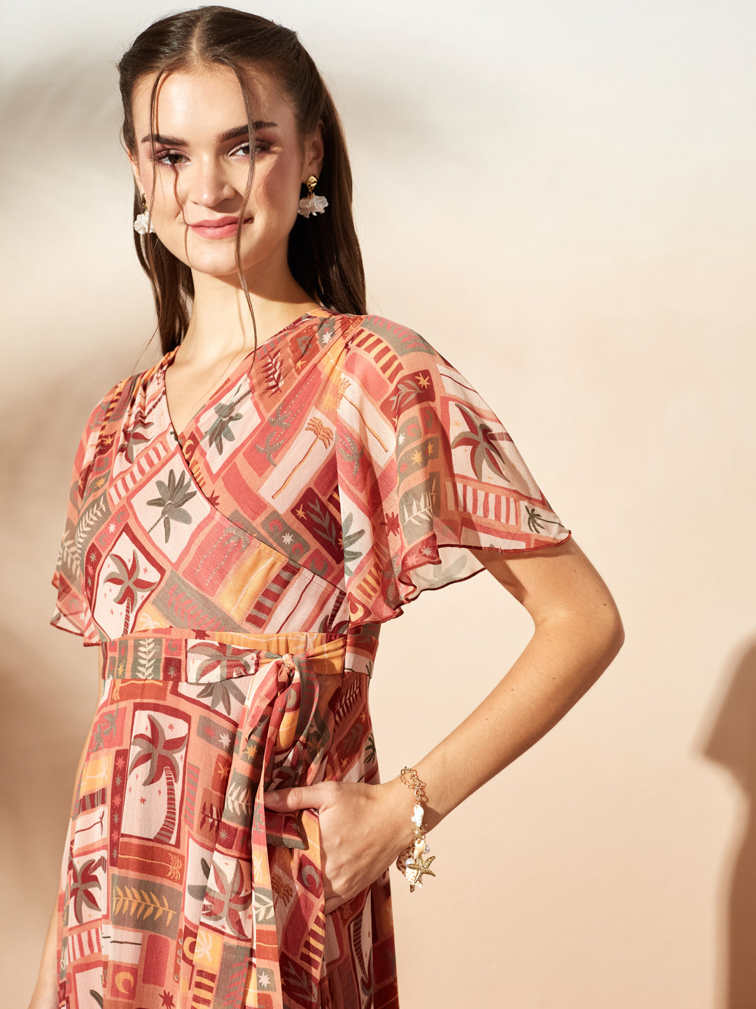Peach Floral Printed Flutter Sleeves Maxi Dress for Women