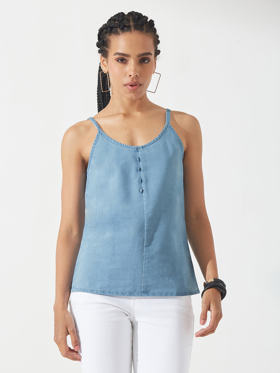 Light-Blue V Neck Sleeveless Cotton Solid Denim Spaghetti Top for Women