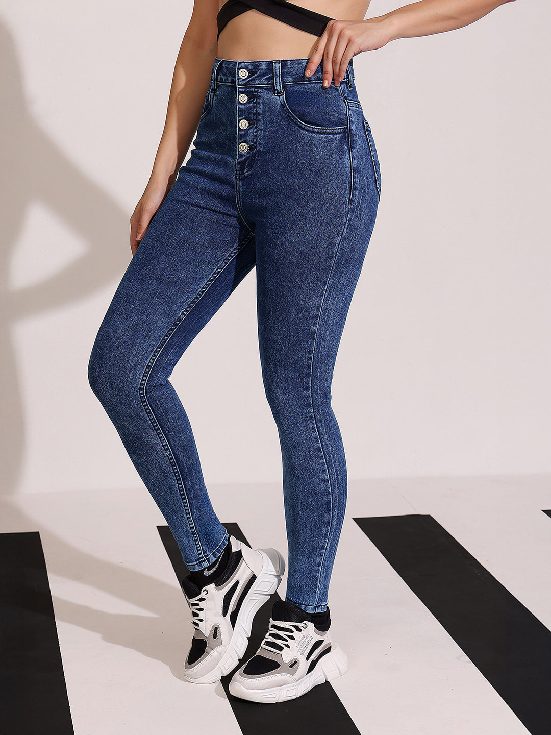 Women's Blue Skinny-Fit High-Rise Clean-Look Regular-Length Stretchable Denim Jeans