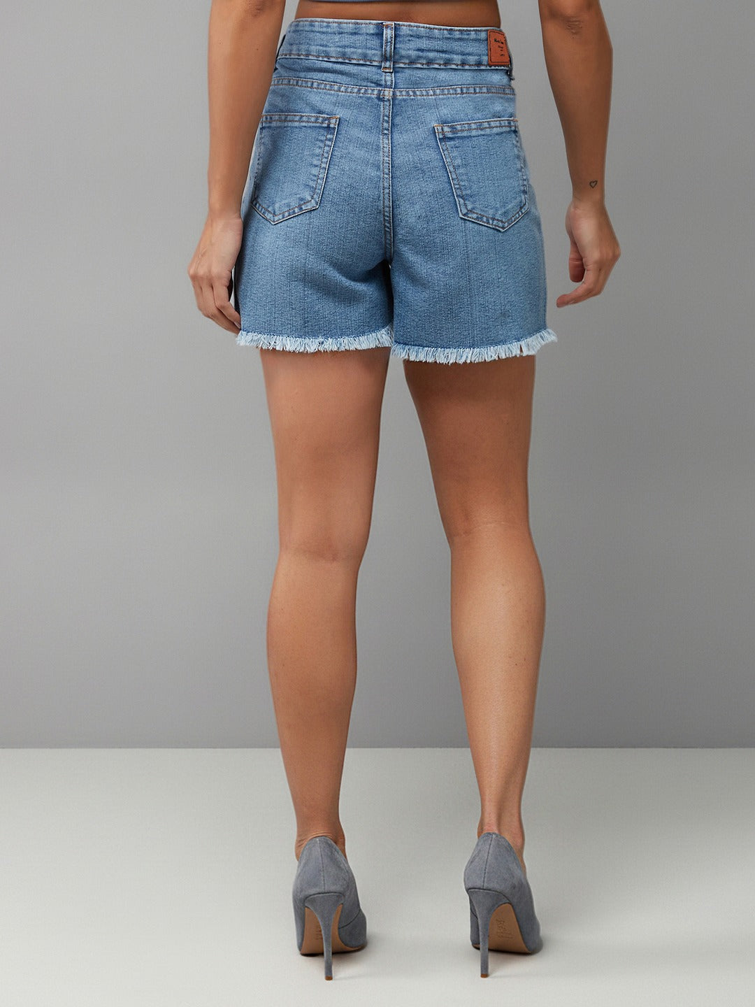 Light Blue Relaxed Fit Mid Rise Highly Distressed Denim Shorts for Women