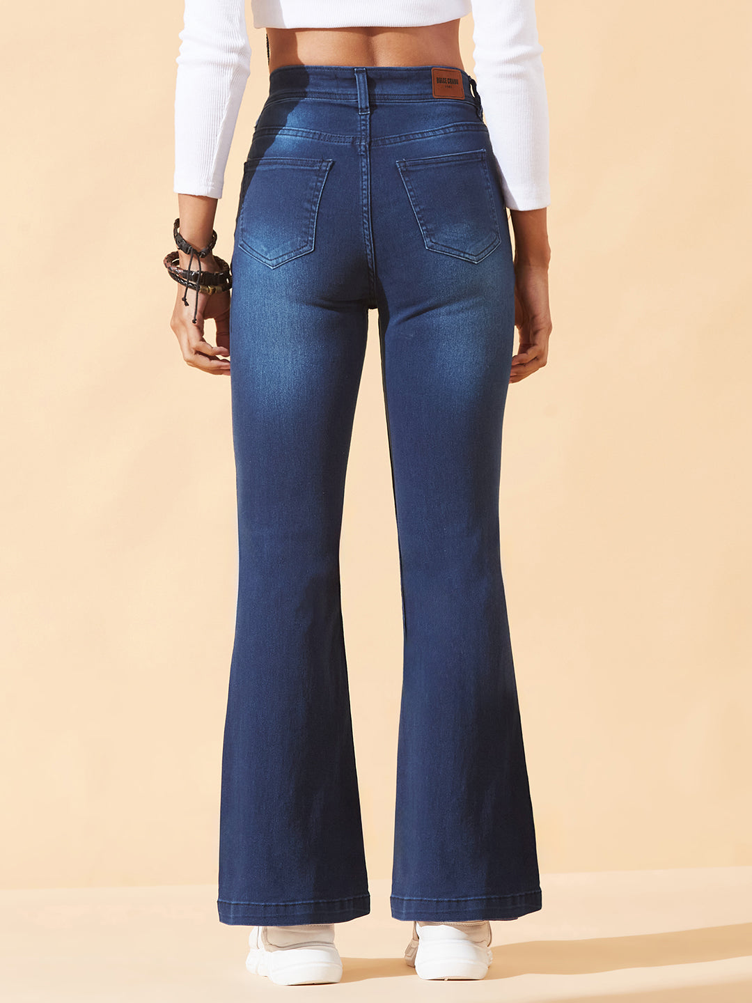 CHASEstretch™ Navy-Blue High-Rise Clean-Look Stretchable Flared Denim Jeans for Women