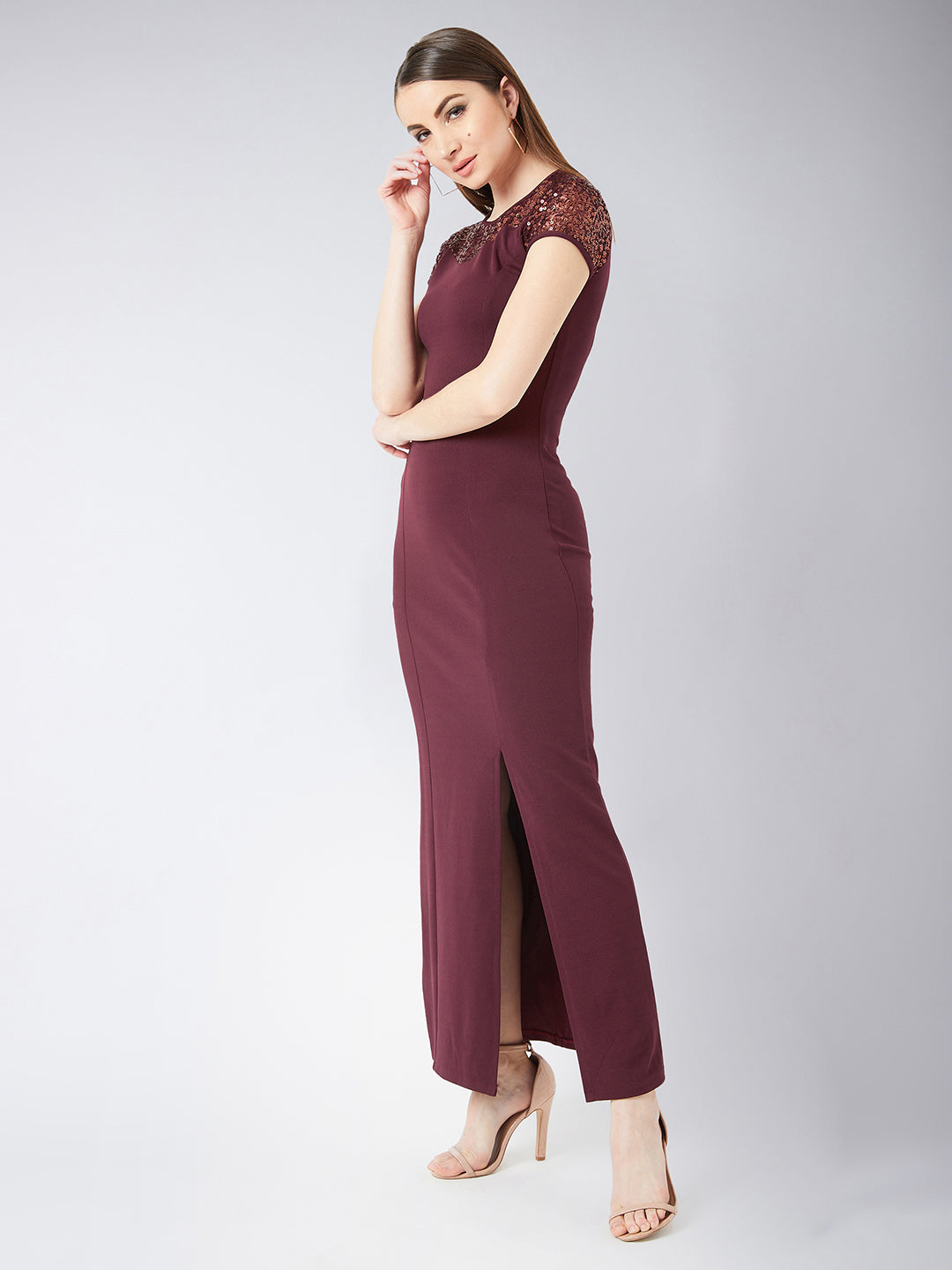 Crease Ease Women's Wine Red Round Neck Cap Sleeves Sequin Paneled Solid Bodycon Maxi Dress