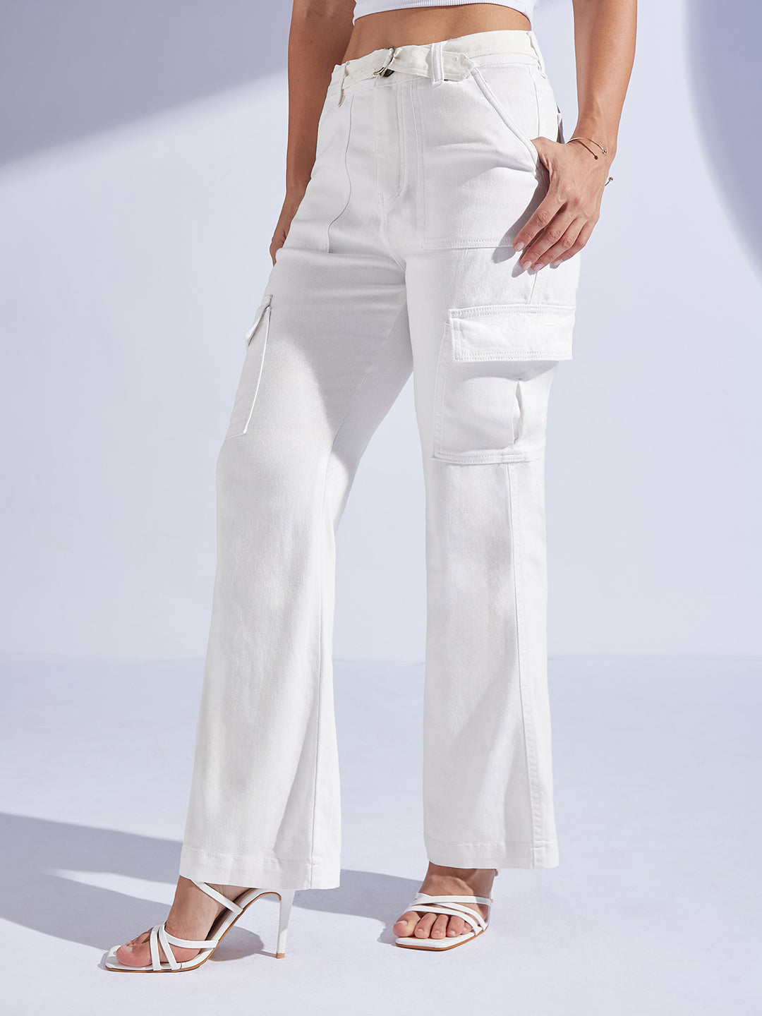 Women's White Wide Leg High-Rise Stretchable Denim Jeans