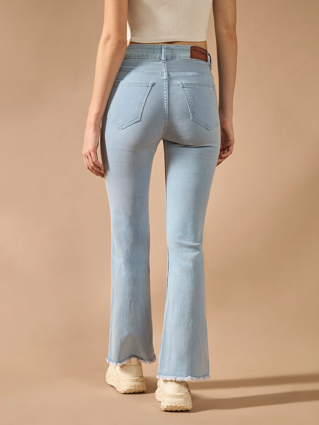 Women's Light Blue Boot Cut High rise Clean Look Cropped Stretchable Denim Jeans