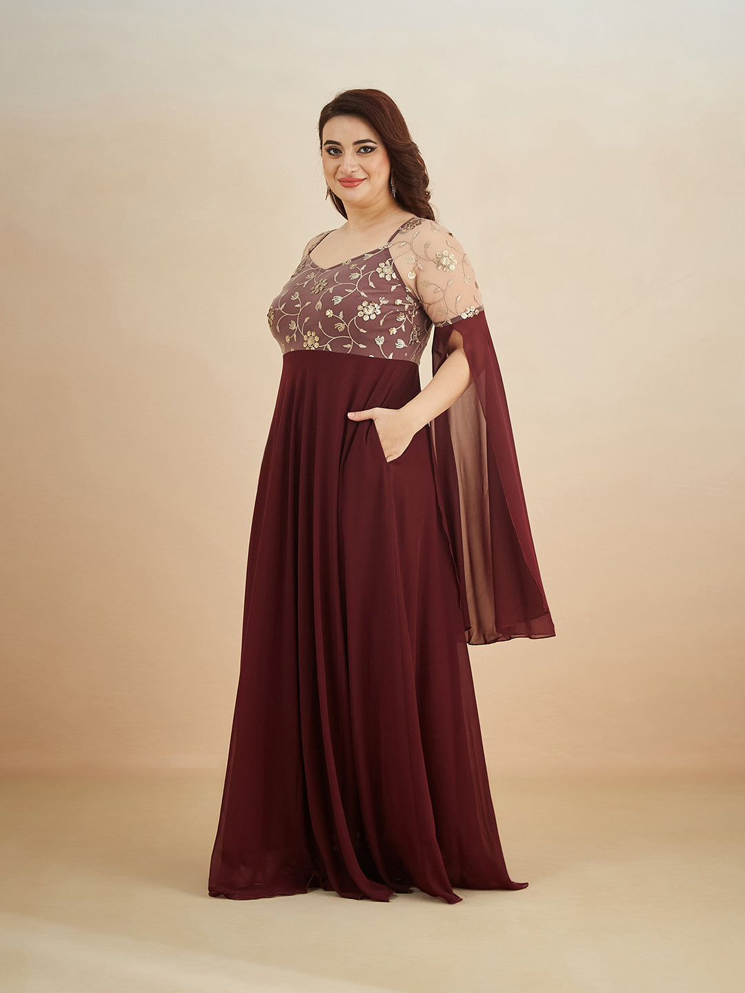 Wine V-Neck Flared Long sleeve Embroidered Fit & Flare Maxi Dress for Women
