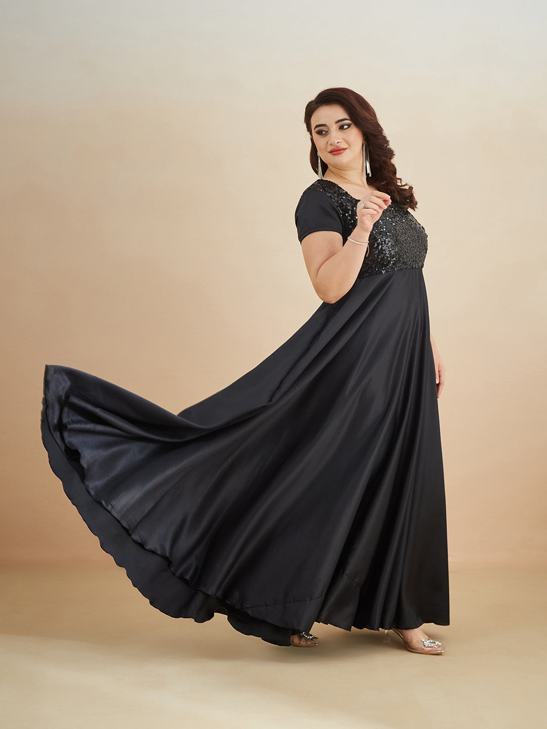 Black Square Neck Short Sleeve Embellished Polyester Fit & Flare Maxi Dress for Women — Miss Chase A+