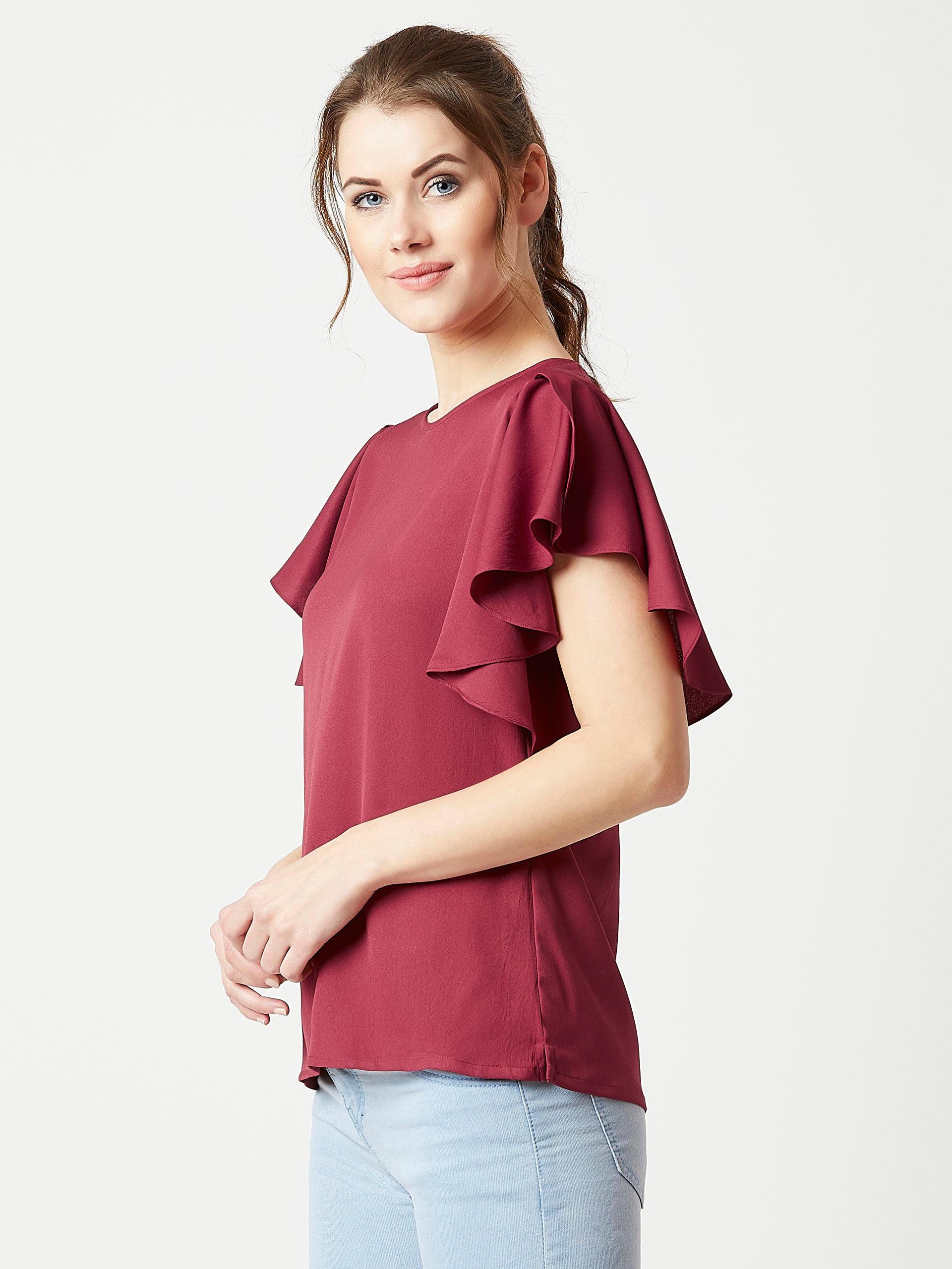 Women's Maroon Round Neck Short Sleeve Solid Ruffled Top