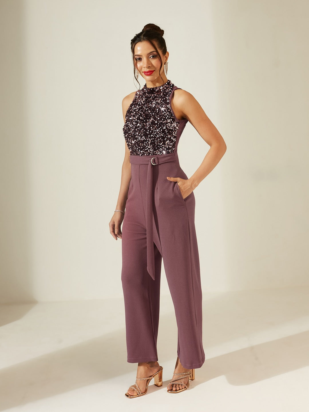 Mauve Sleeveless Embellished Halter Neck Regular Jumpsuit for Women