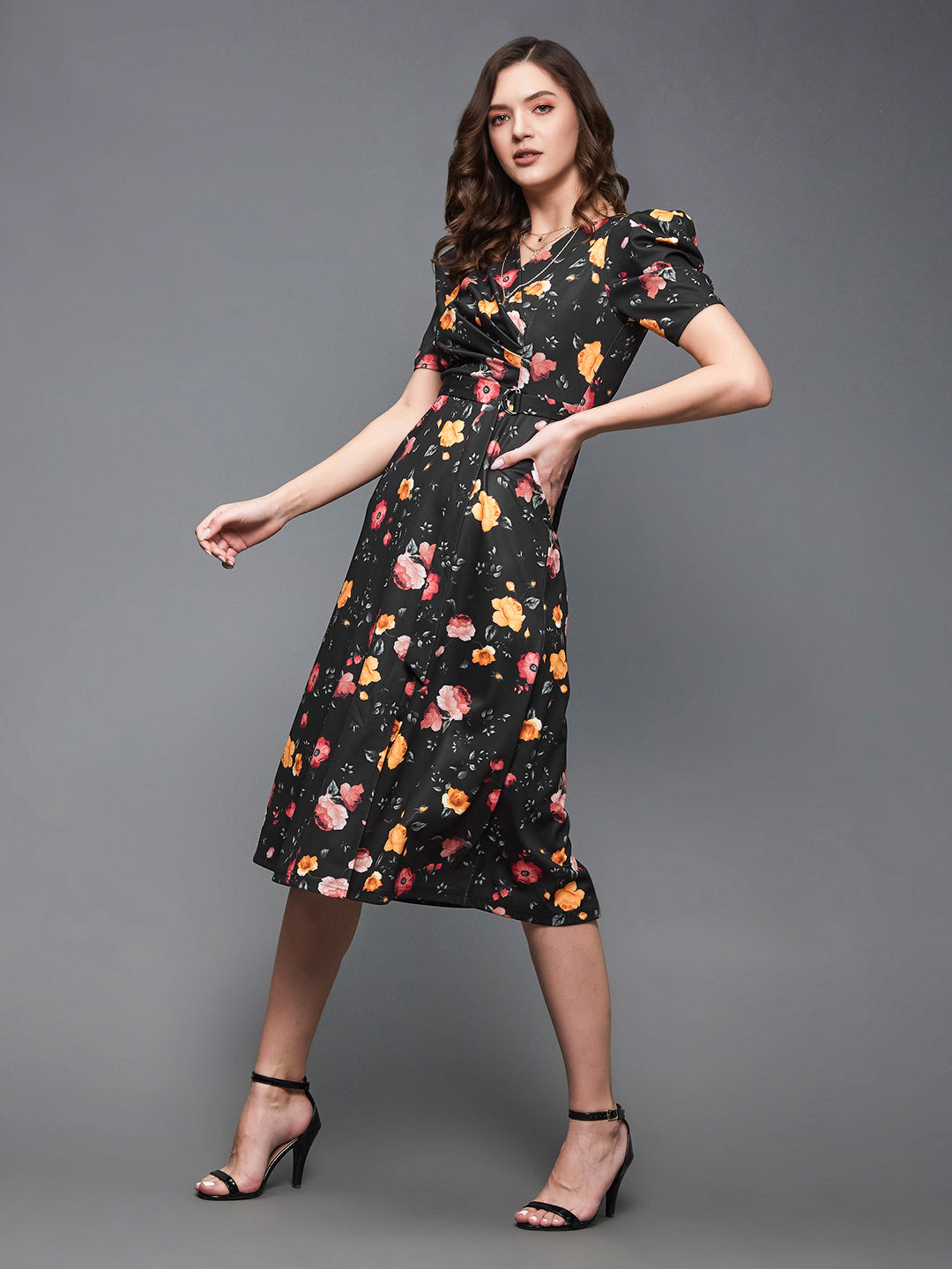 Crease Ease Women's Multicolored-Base-Black V-Neck Pleated Puff Sleeve Floral Patterned Wrap Midi Polyester Dress