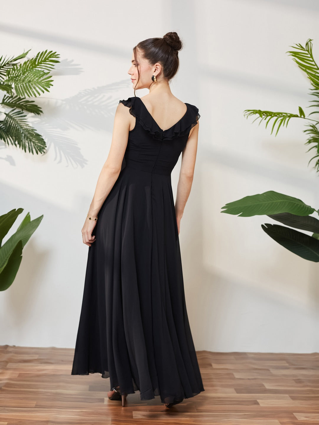 Black Sleeveless Embroidered Ruffled Georgette Maxi Dress for Women