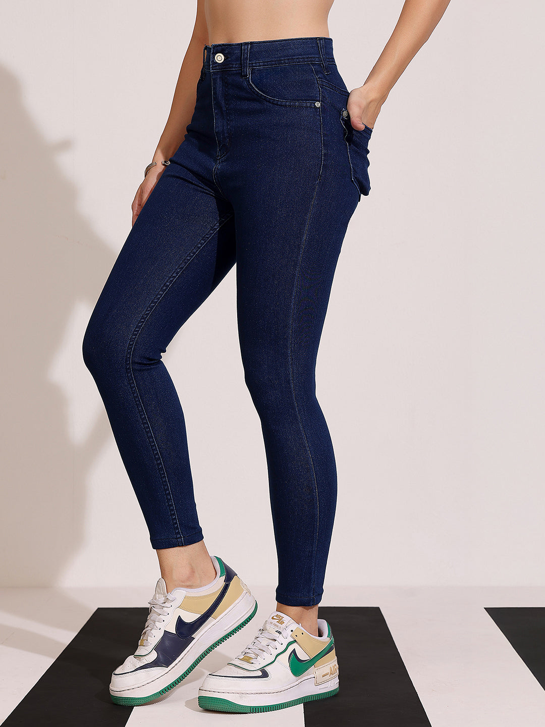 Women's Navy Blue Skinny Fit High Rise Clean Look Cropped Length Stretchable Denim Jeans