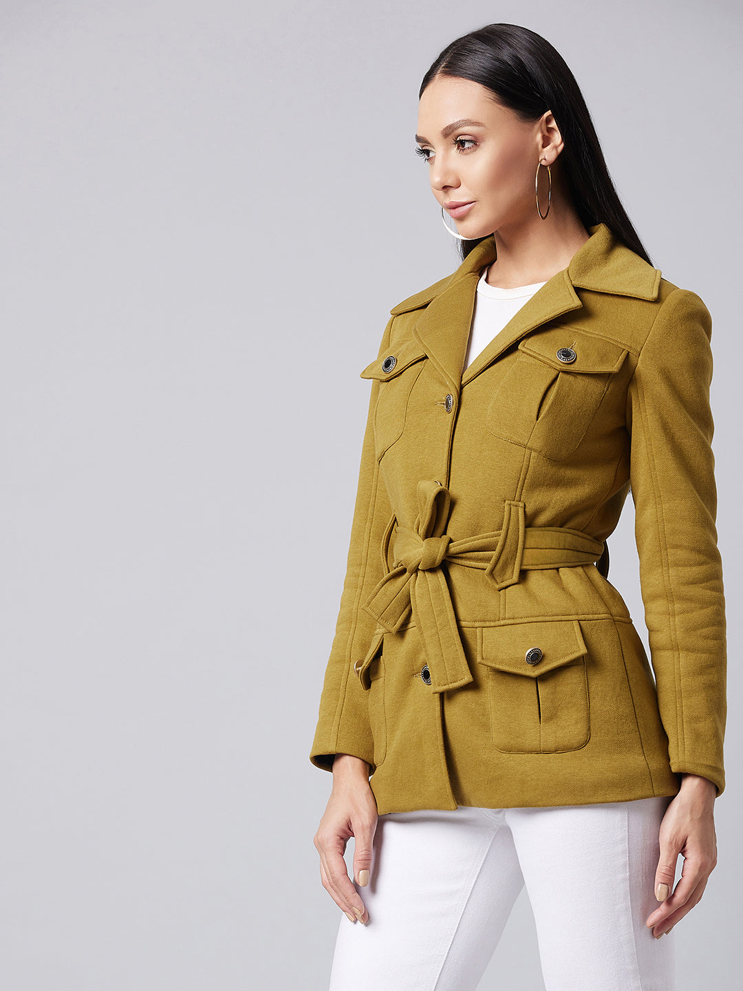 Women's Olive Notch Collar Full Sleeve Solid Safari Longline Jacket