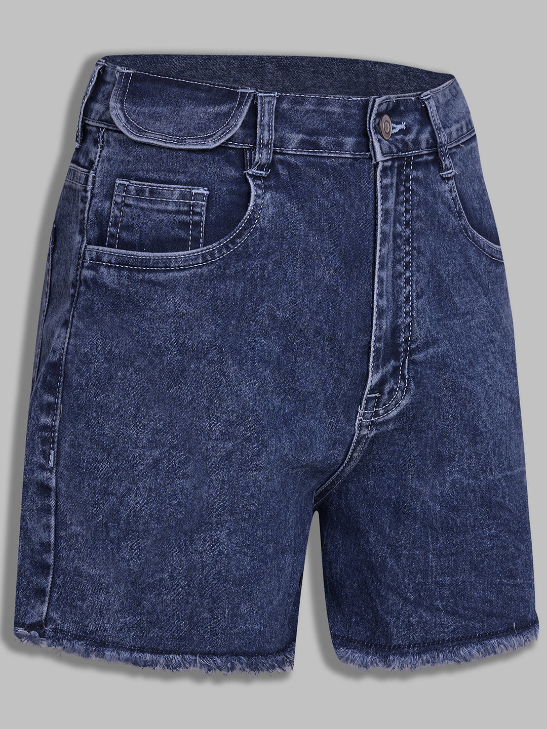 Women's Navy Blue Relaxed-Fit High-Rise Stretchable Denim Faded Shorts