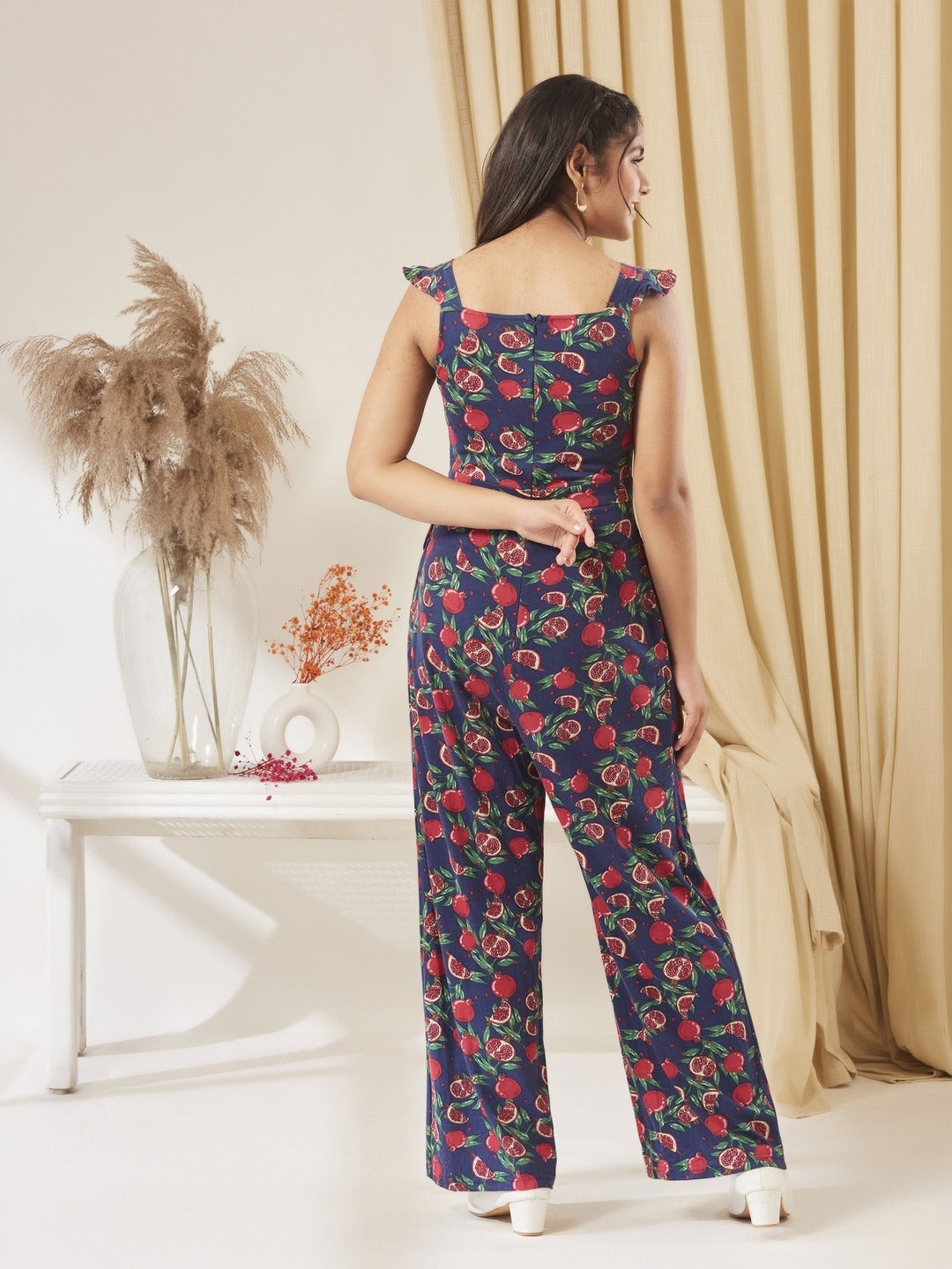 Navy Square Neck Sleeveless Fruit Waist Tie-Up Pure Cotton Regular-Length Jumpsuit for Girls/Teenagers