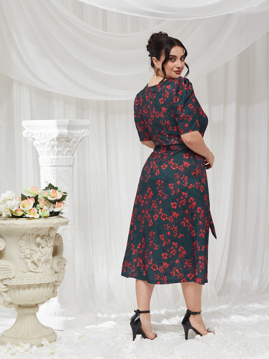 Teal V-neck Puff Sleeve Floral Wrap Midi Dress for Women