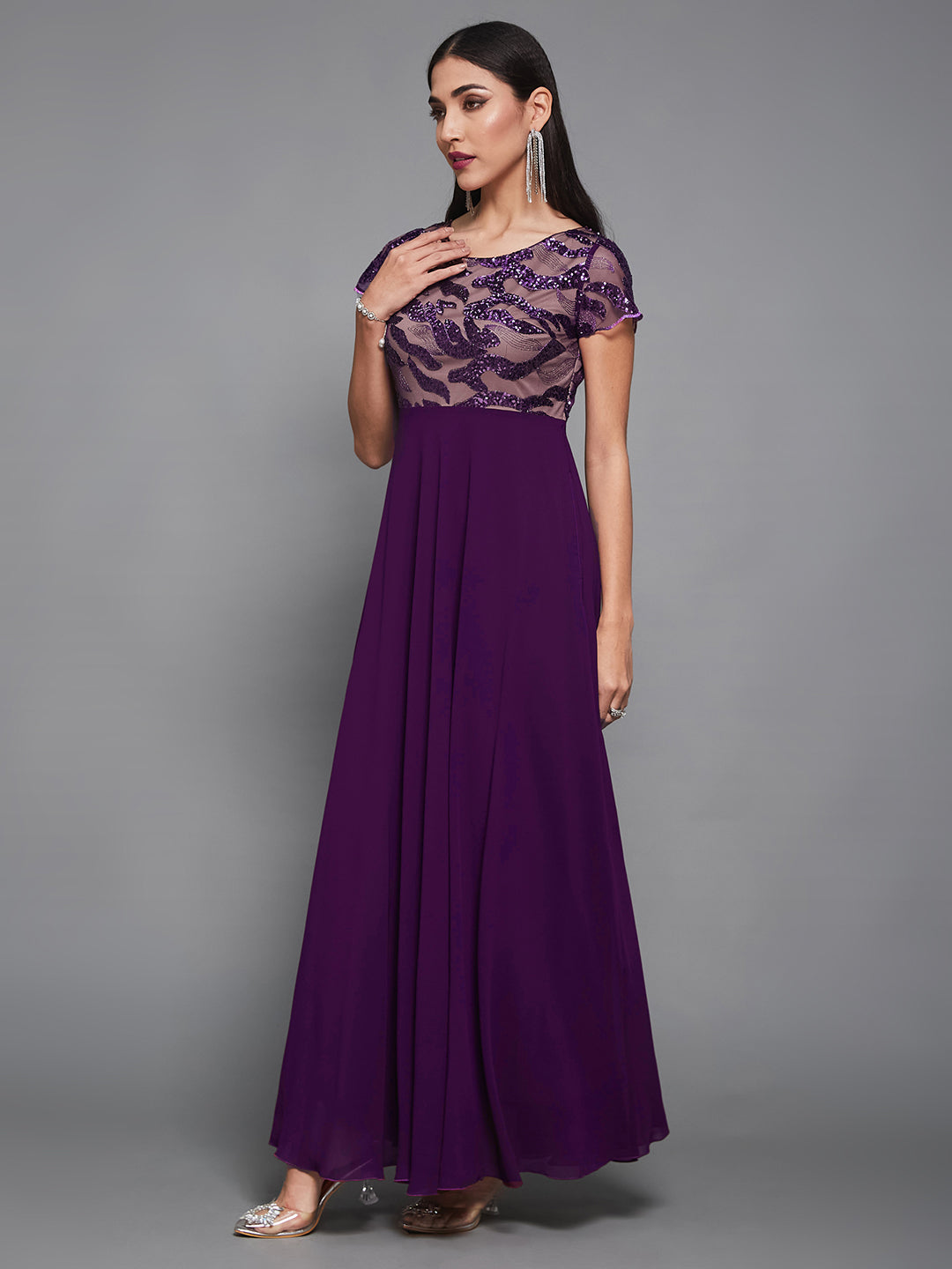 Dark Purple Round Neck Short Sleeve Embellished Embellished Maxi  Dress for Women