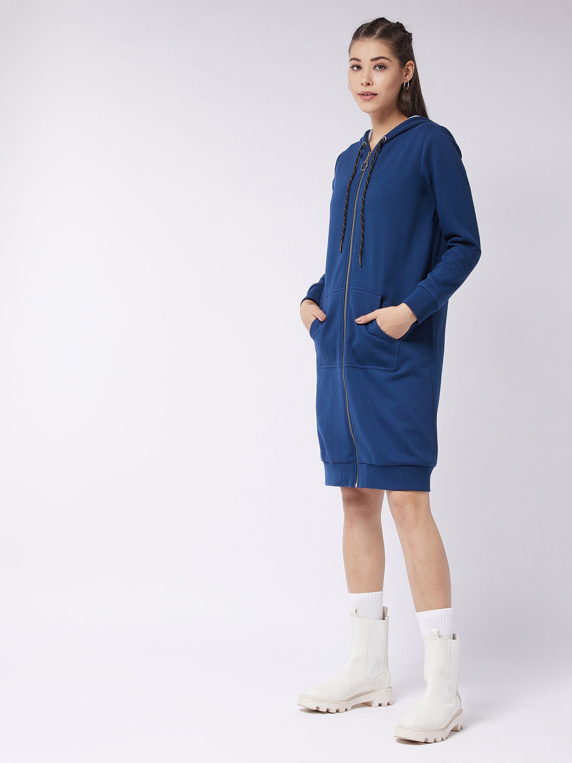 Women's Navy Blue Hooded Full Sleeve Solid Knee Length Dress