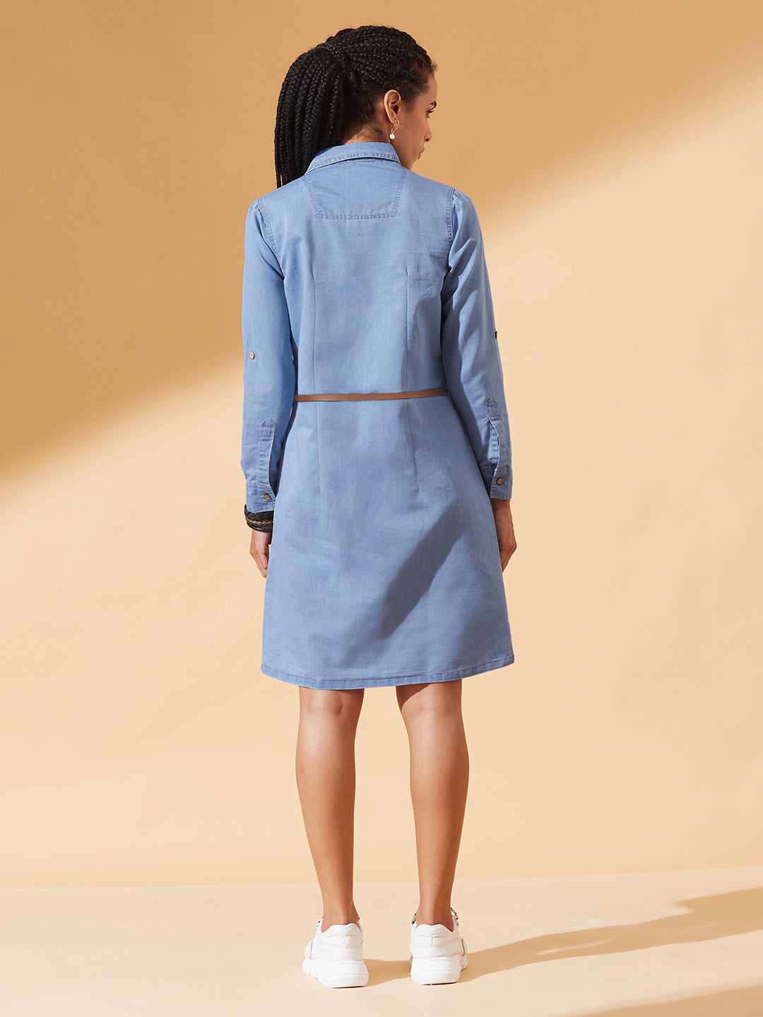 Blue Polo Neck Rolled Up Full Sleeve Denim Solid Buttoned A-Line Mini Dress for Women — Dolce Crudo