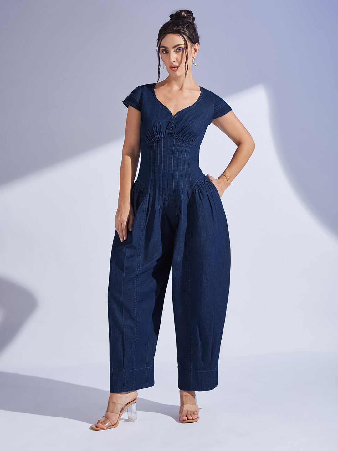 Women's Navy Blue Scoop Neck Cap Sleeve Pin Tucked Dhoti Style Denim Jumpsuit