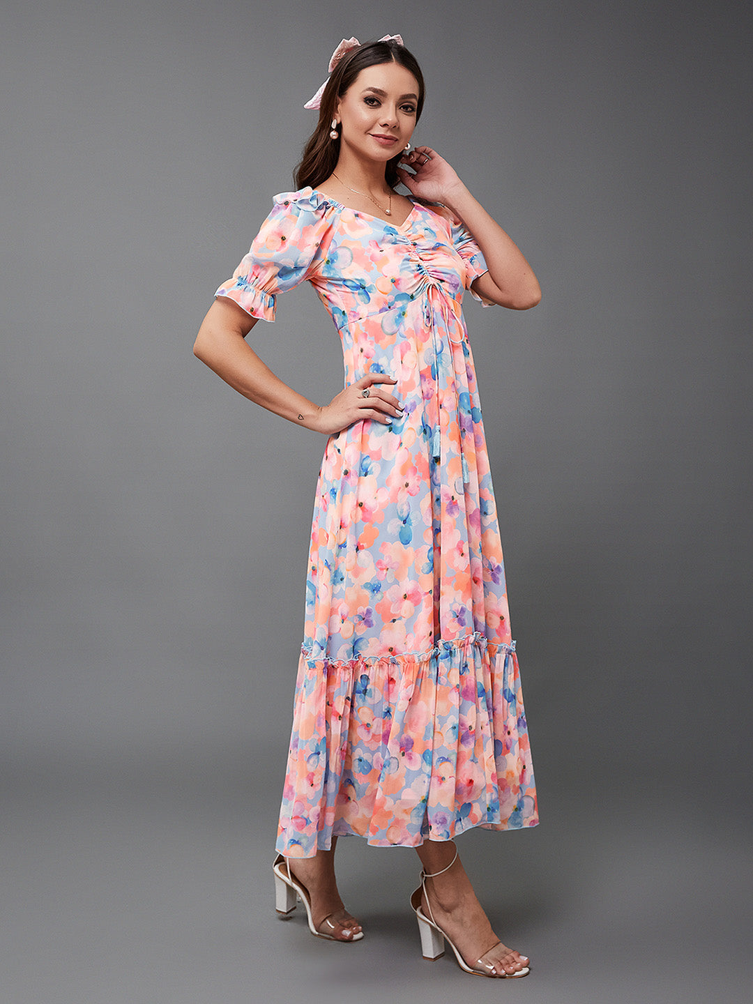 Women's Multicolored-Base-Sky Blue V-Neck Puff Sleeve Floral Ruching Ankle-Length Dress