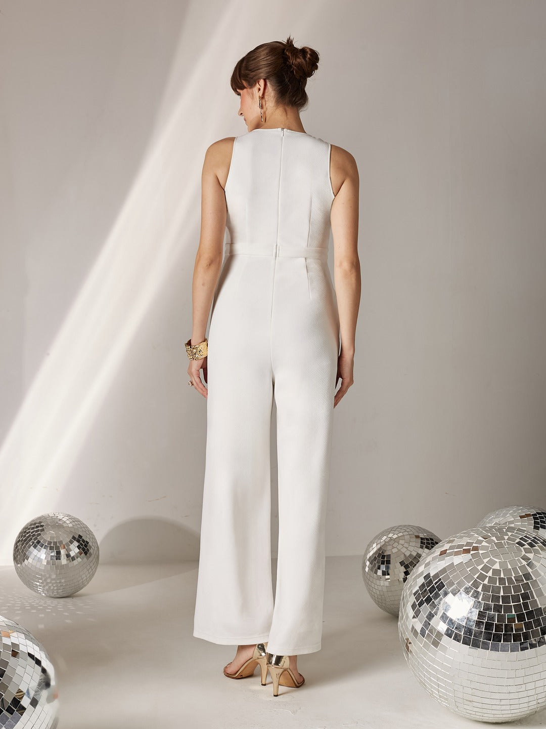 Off-White V-Neck Sleeveless Solid Wrap Regular-Length Polyester Jumpsuit for Women