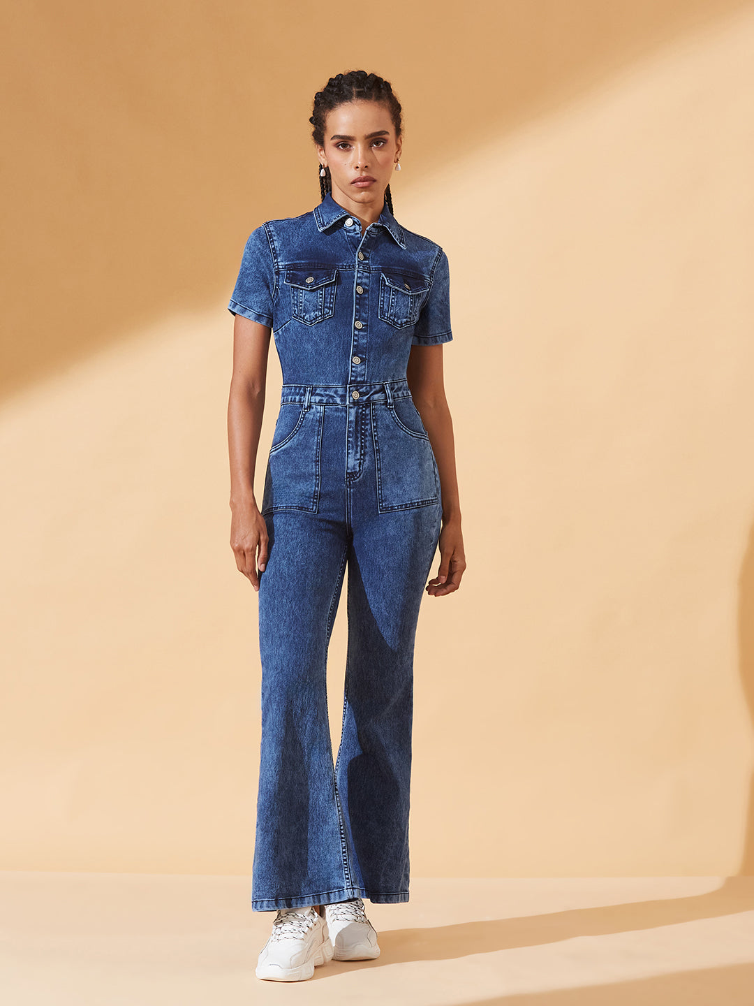 Navy-Blue Flared High-Rise Regular Stretchable Denim Jumpsuit for Women