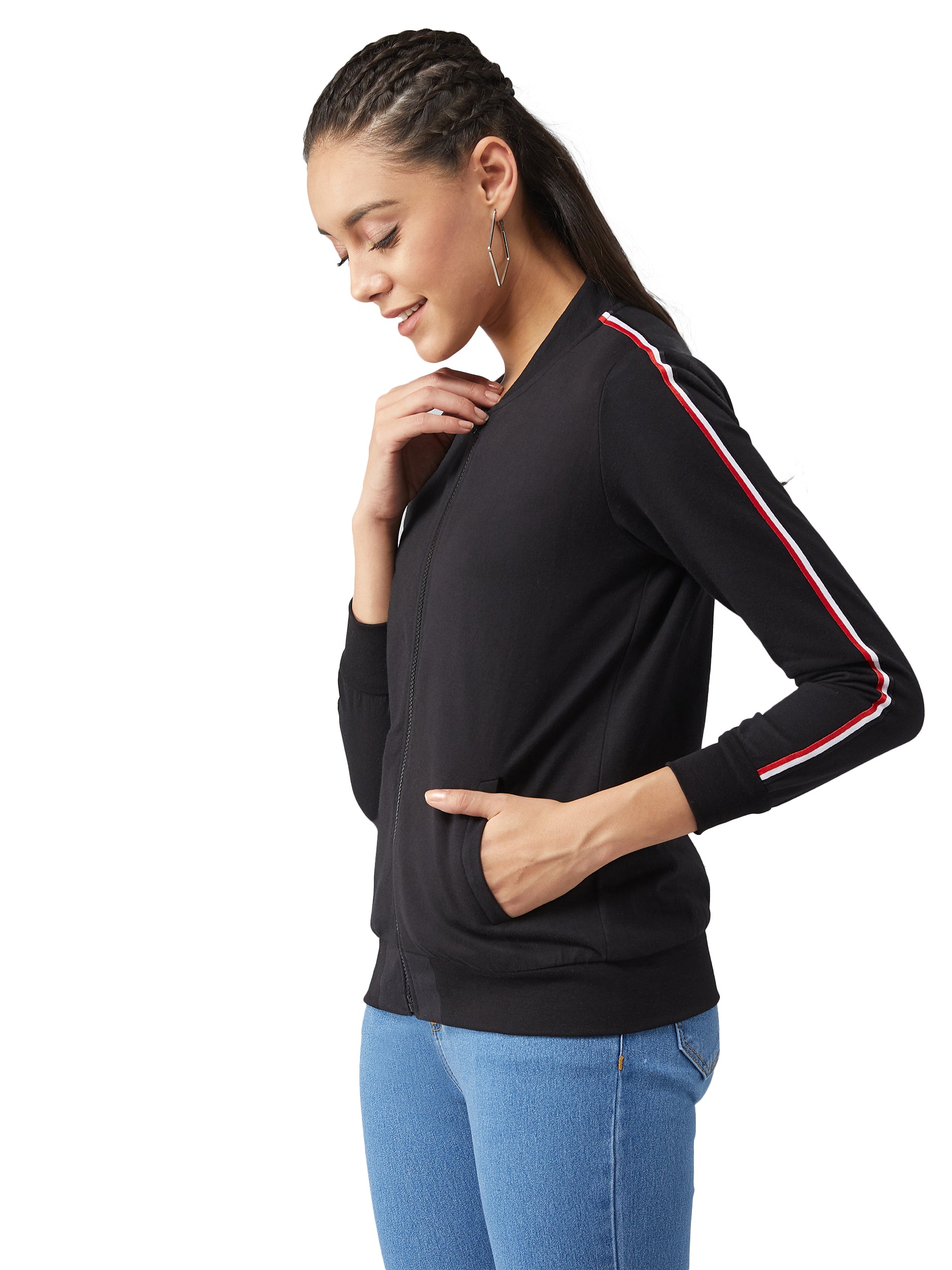 Black V-Neck Full Sleeves Cotton Solid Zippered Twill Tape Detailing Bomber Jacket for Women — Miss Chase