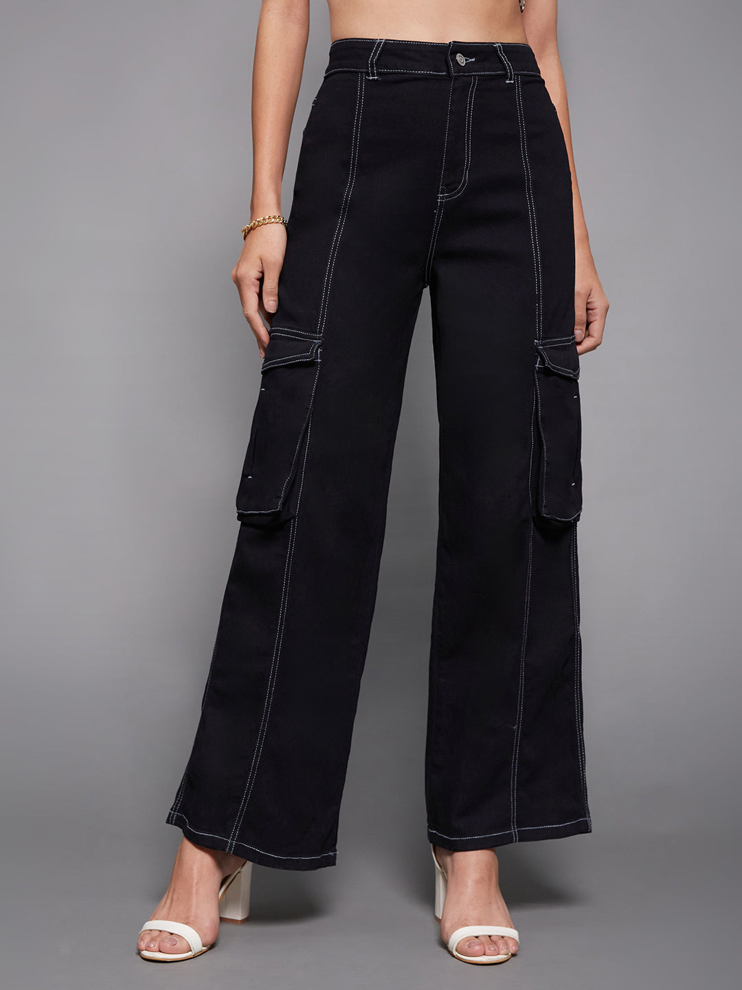 Women's Black Wide-Leg High-Rise Clean-Look Regular-Length Stretchable Patch-Pocketed Denim Jeans