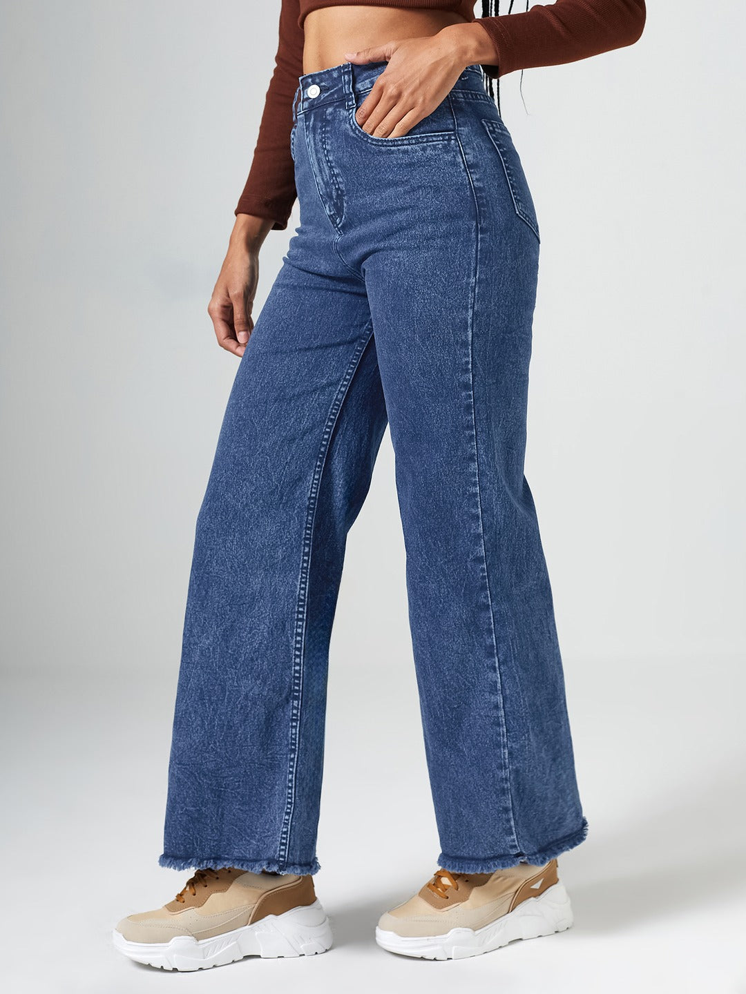 Navy-Blue Wide-Leg High Rise Regular-Length Stretchable Denim Jeans for Women