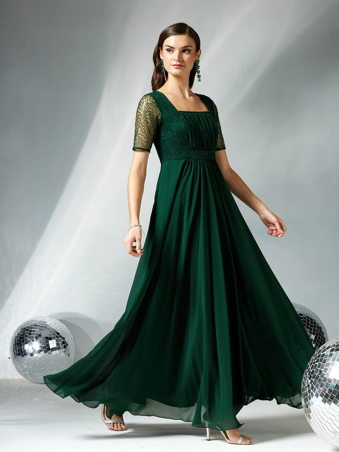 Dark Green Square Neck Half Sleeve Solid Embellished Maxi Dress for Women
