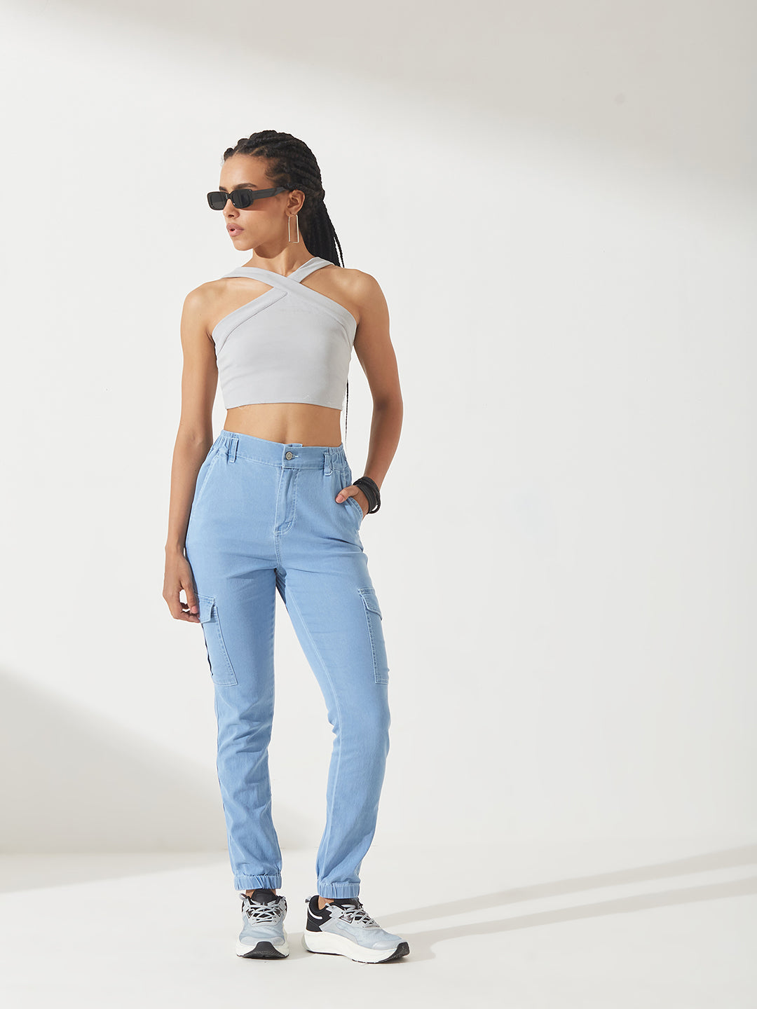 Women's Light Blue High-Rise Stretchable Denim Joggers
