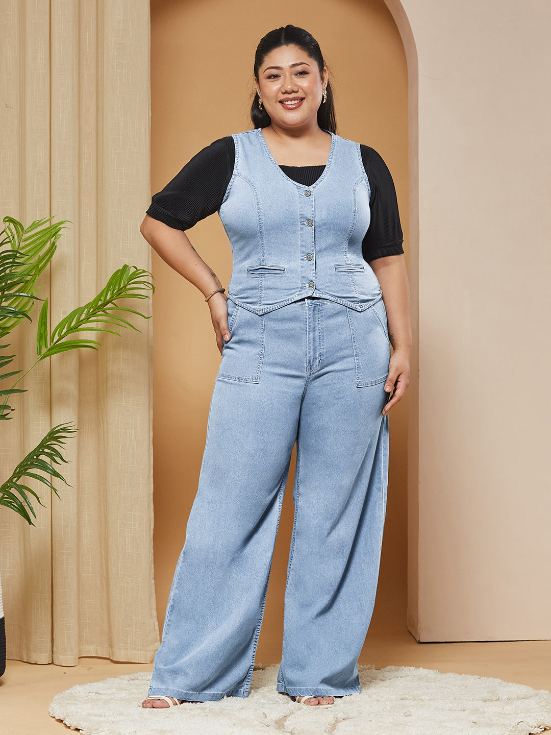 Light Blue Wide-Leg High Rise Stretchable Light-weight Denim Co-Ord Set for Women