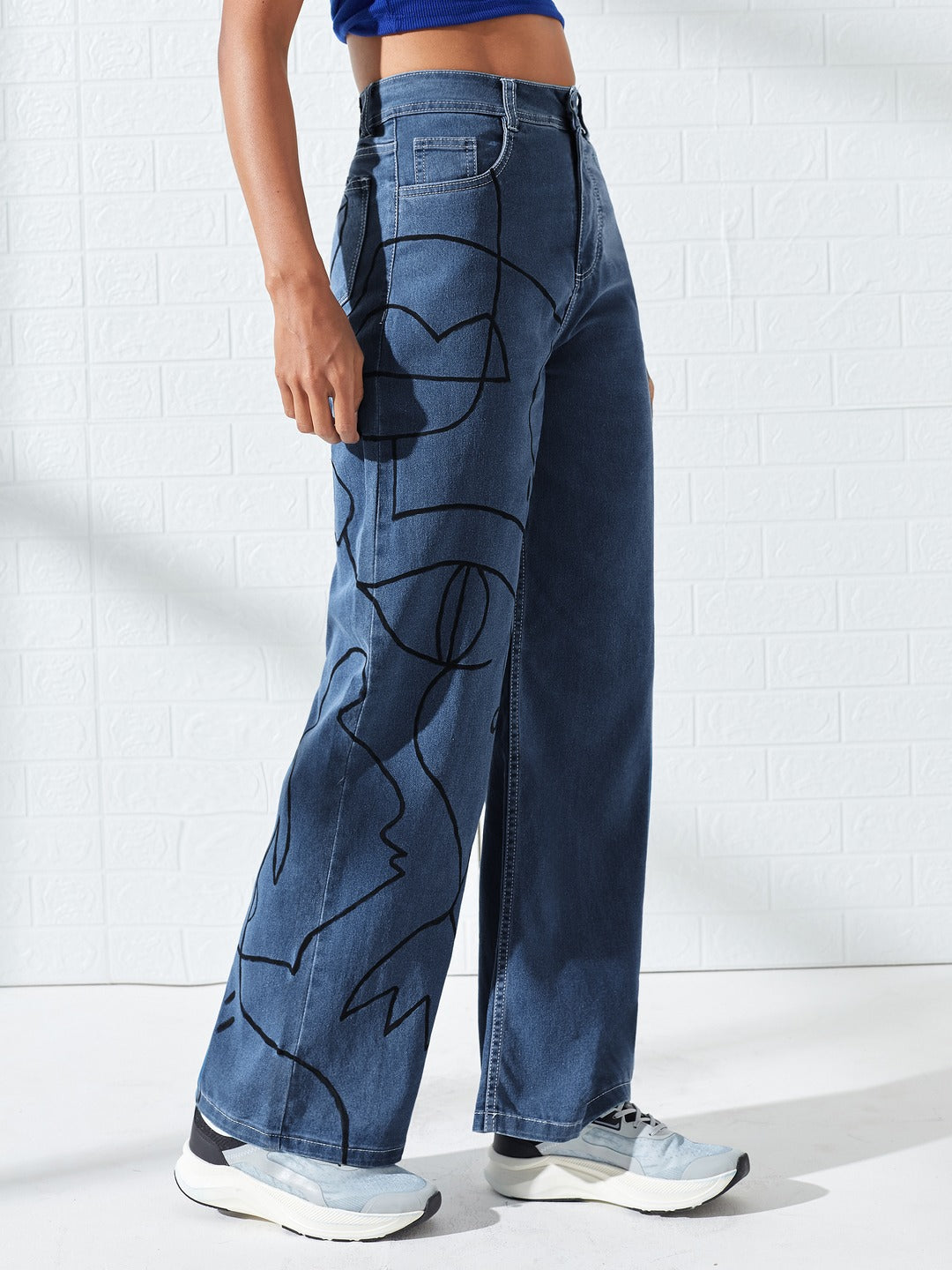Hand-Painted Blue Wide Leg High-Rise Stretchable Denim Jeans For Women