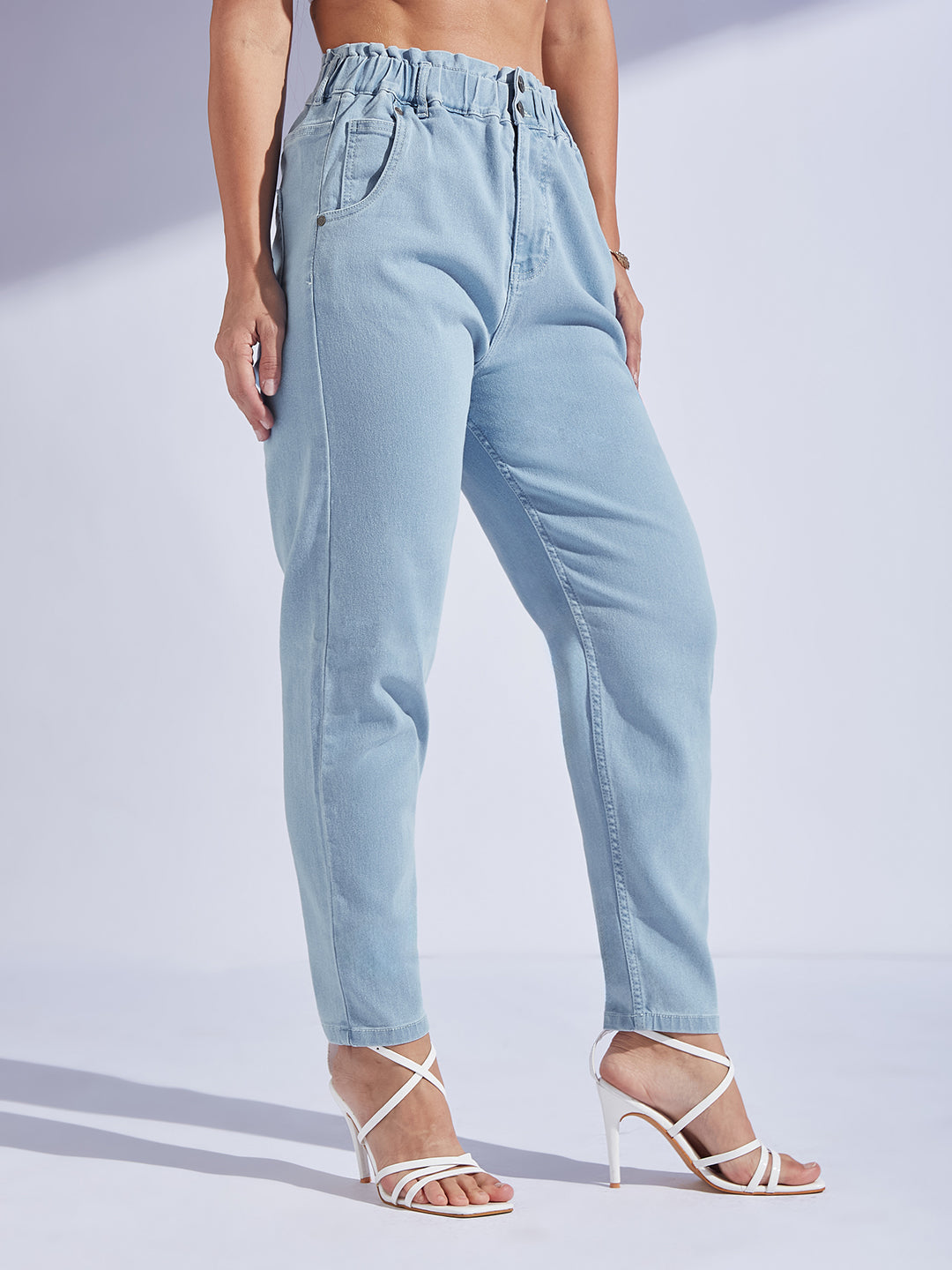 Women's Light Blue High-Rise Regular-Length Stretchable Denim Mom's Jeans