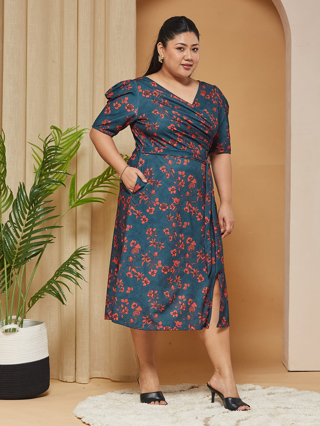 Multicolored-Base-Teal V-neck Puff-Sleeves Floral Wrap Midi Dress for Women