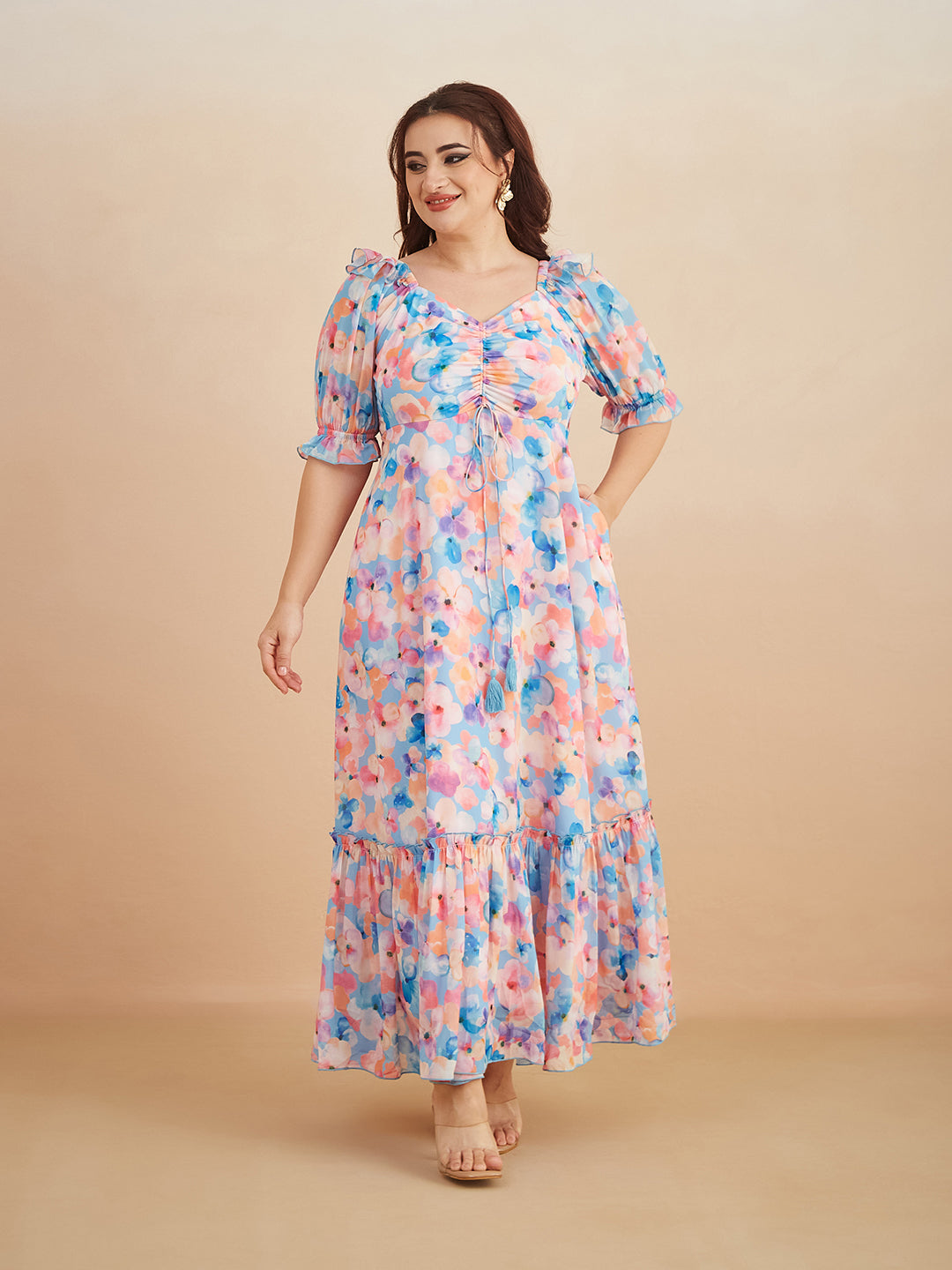Multicolored-Base-Sky Blue V-Neck Puff Sleeve Floral Ruching Ankle-Length Dress for Women