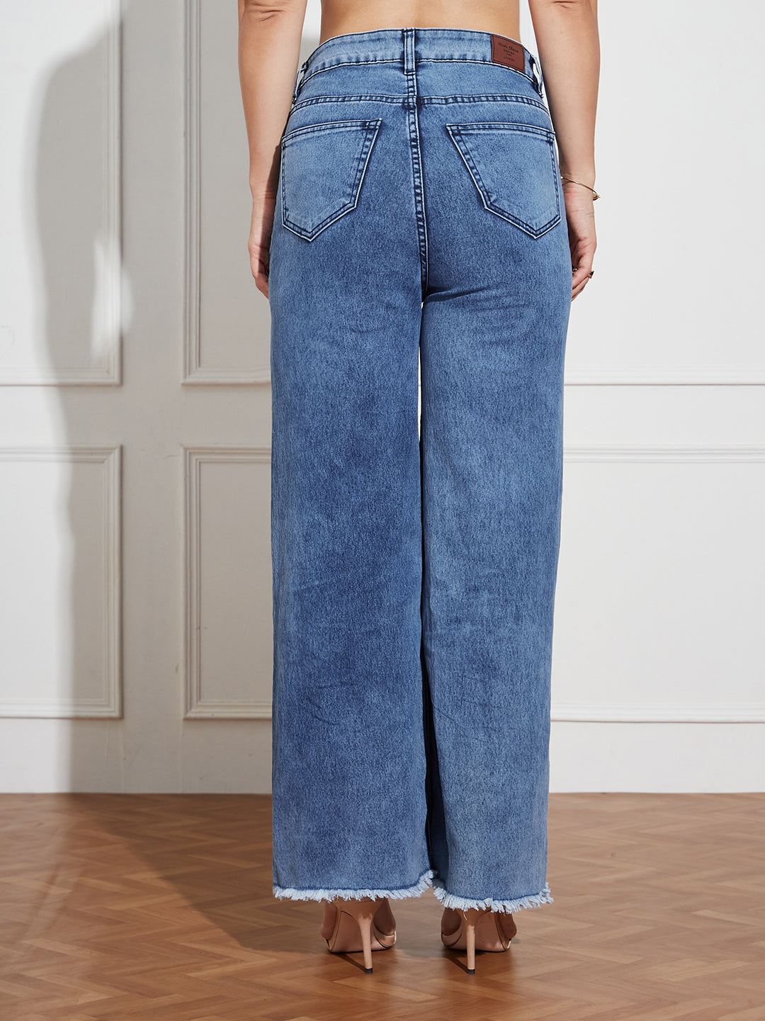 Women's Mid-Blue Wide-Leg High Rise Regular-Length Stretchable Denim Jeans