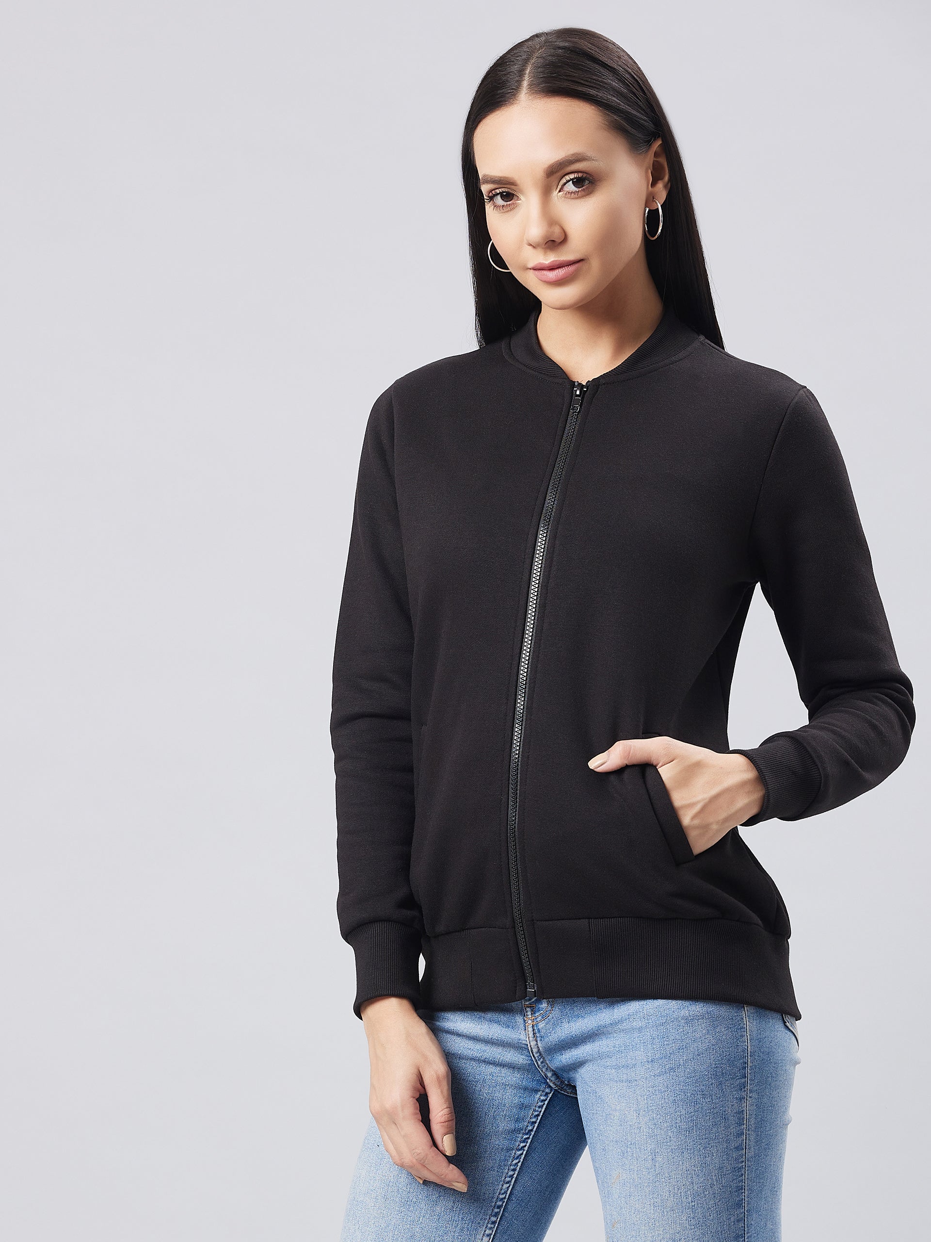 Women's Black V-Neck Full Sleeve Solid Bomber Regular Jacket