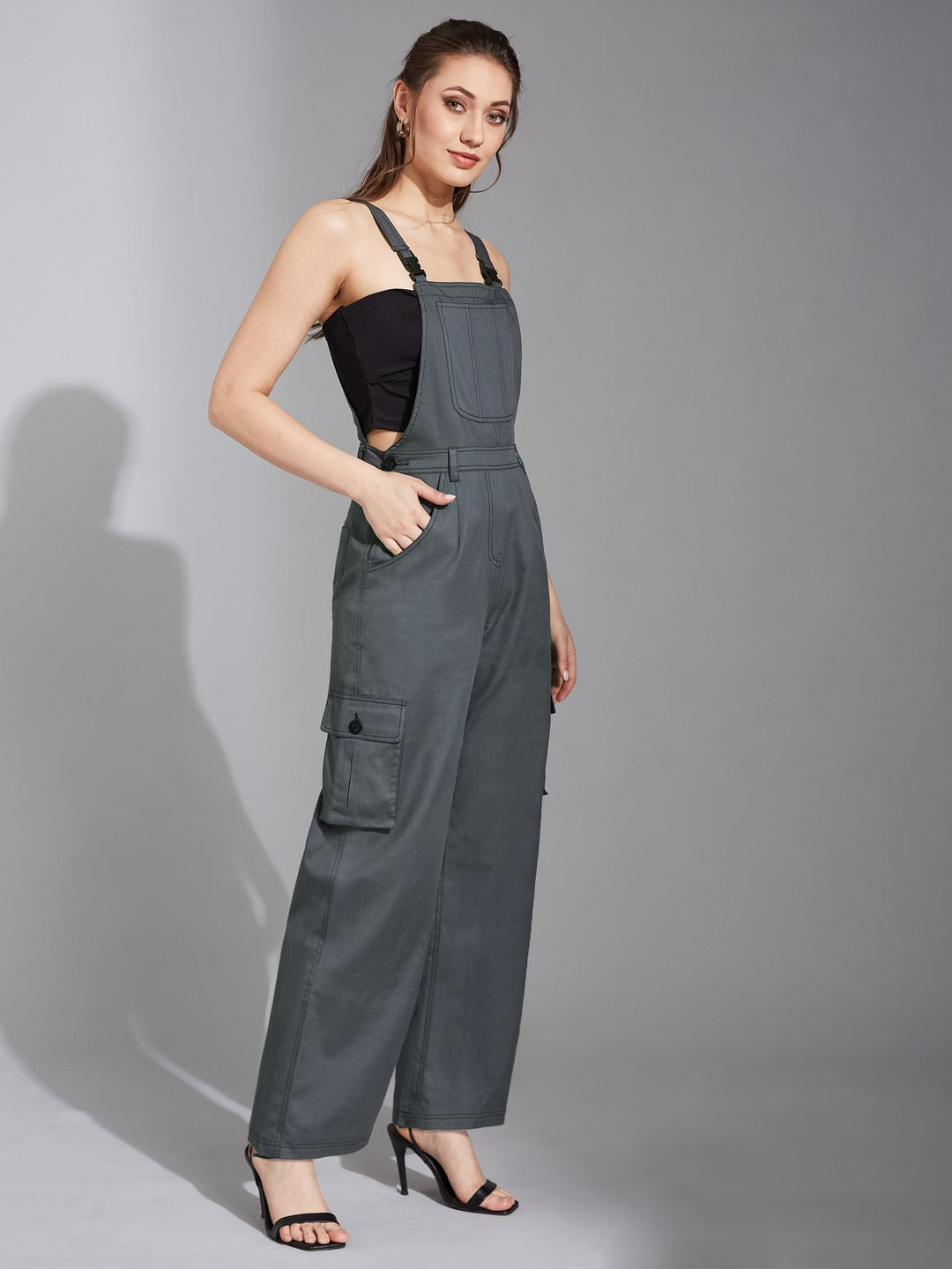 Grey Square Neck Sleeveless Solid Wide-Leg Regular-Length Polyester Dungaree for Women