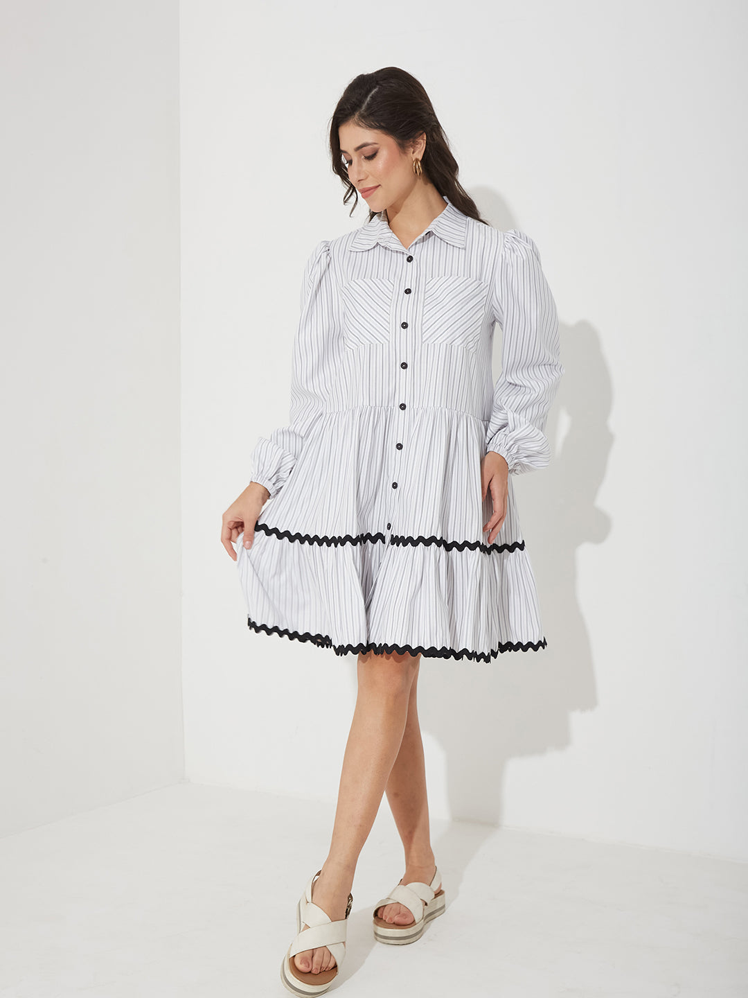 Black & Grey Striped Cotton Shirt Dress with Balloon Sleeves and Chest Pockets for Women