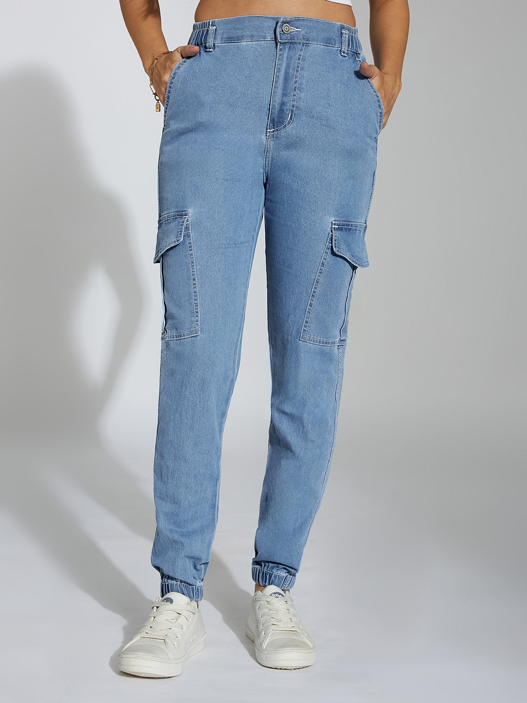 Women's Light Blue Regular High-Rise Clean-Look Regular Stretchable Light Weight Denim joggers